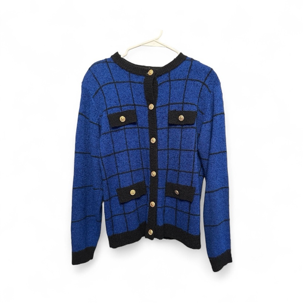 Worthington Blue Grid Knit Cardigan with Black Trim